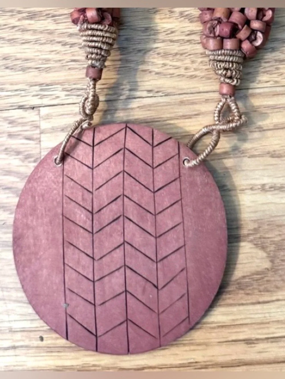 Handmade natural all wooden bead and pendent necklace with wire @ jute clasp.